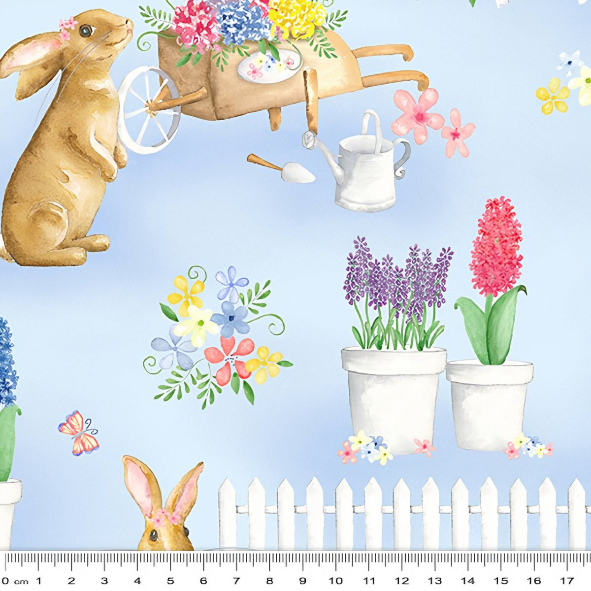 Cute brown bunnies spring garden blue fabric with potted flowers butterflies picket fences watering cans for children's quilts Easter projects and nursery décor