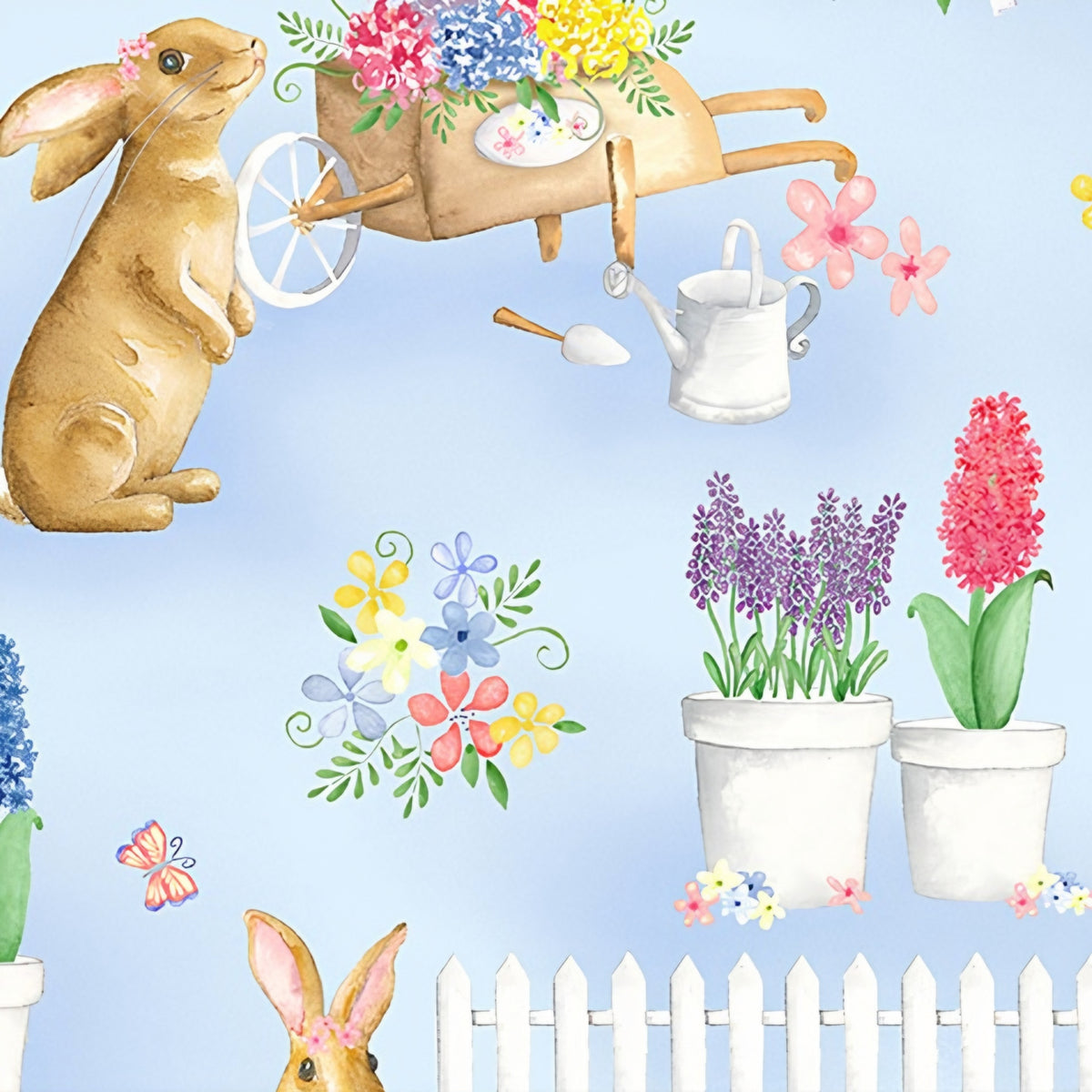 Cute brown bunnies spring garden blue fabric with potted flowers butterflies picket fences watering cans for children's quilts Easter projects and nursery décor