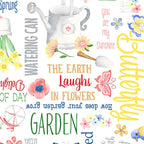 Garden quotes and watercolour illustrations white fabric with watering cans daffodils butterflies and garden tools for children's quilts tote bags and sewing projects