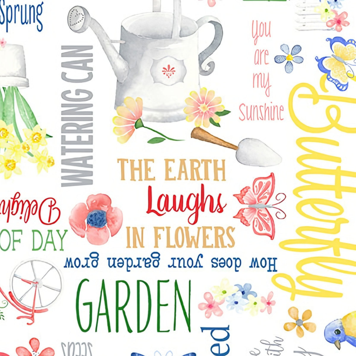 Garden quotes and watercolour illustrations white fabric with watering cans daffodils butterflies and garden tools for children's quilts tote bags and sewing projects