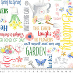 Garden quotes and watercolour illustrations white fabric with watering cans daffodils butterflies and garden tools for children's quilts tote bags and sewing projects