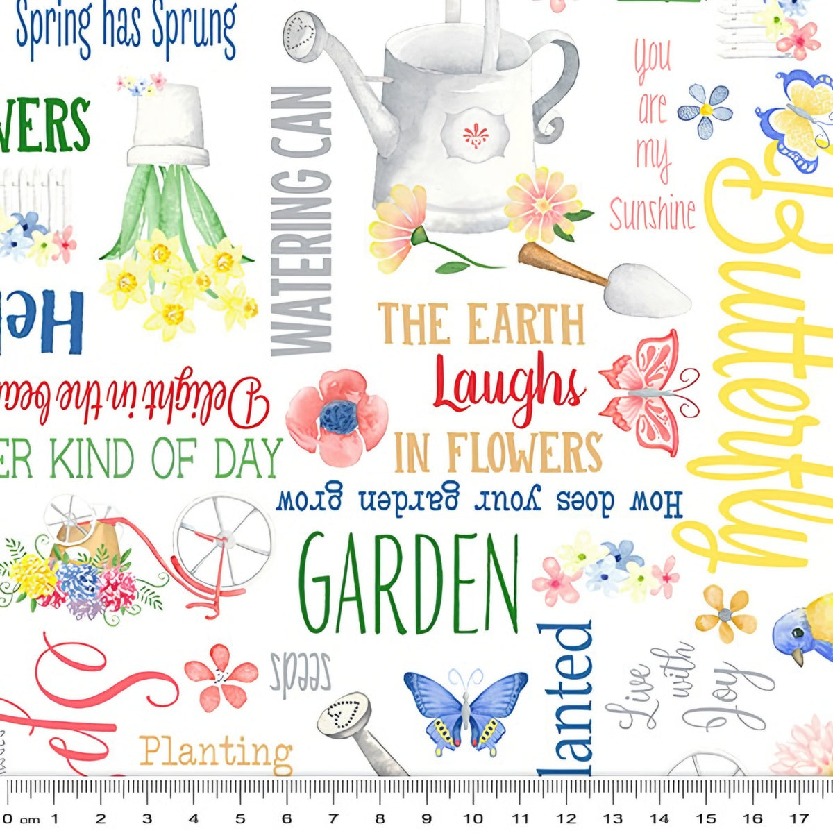 Garden quotes and watercolour illustrations white fabric with watering cans daffodils butterflies and garden tools for children's quilts tote bags and sewing projects