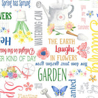 Garden quotes and watercolour illustrations white fabric with watering cans daffodils butterflies and garden tools for children's quilts tote bags and sewing projects