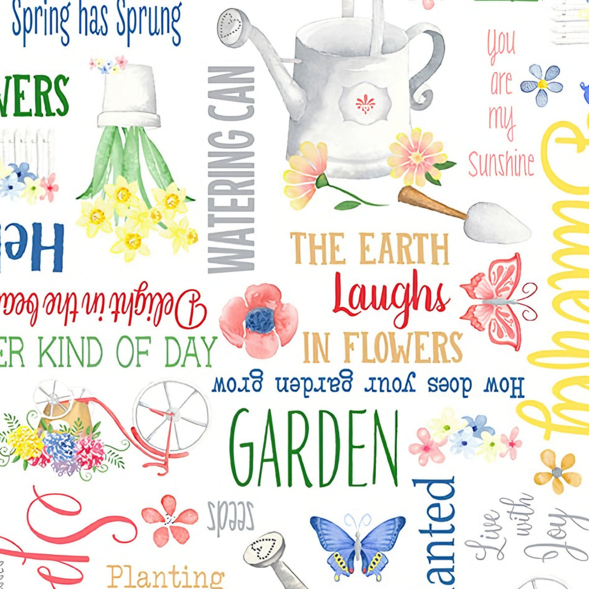 Garden quotes and watercolour illustrations white fabric with watering cans daffodils butterflies and garden tools for children's quilts tote bags and sewing projects