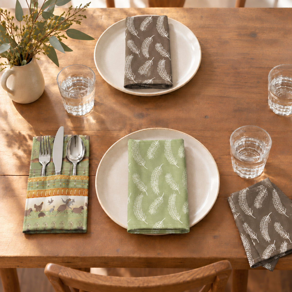 Burrangong Farm green and brown wheat fabric napkins with Australian animal stripe cutlery pouch styled on a rustic farmhouse table