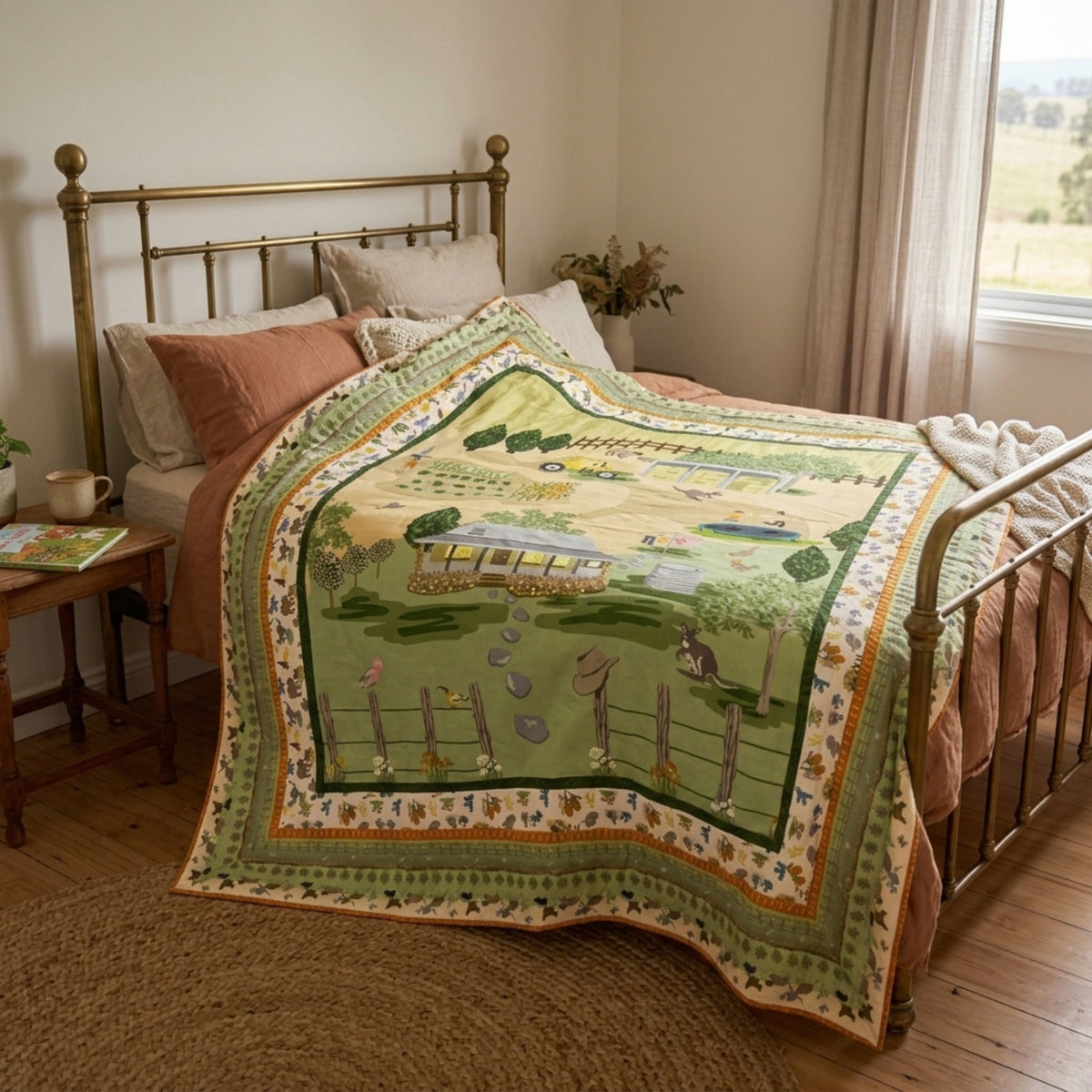 Handmade Burrangong Farm Australian country quilt with homestead panel and farm animal borders styled on a bedroom bed