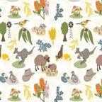 Kangaroos sheep native birds Akubra hats windmills wheat wattle banksias and gum leaves on white Australian farm fabric