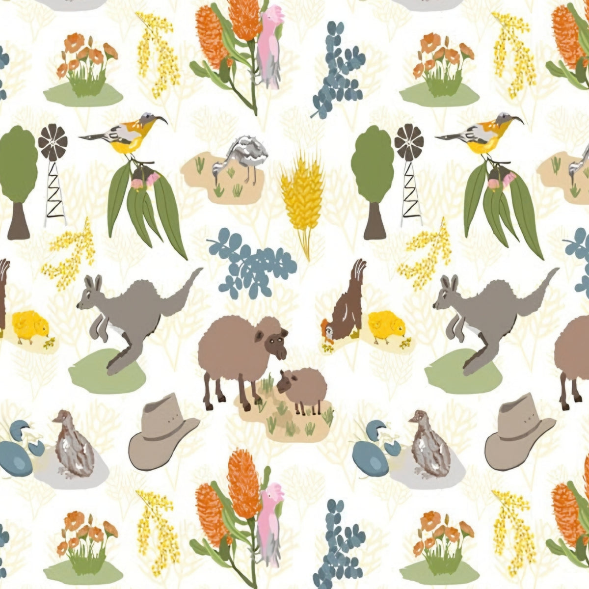 Kangaroos sheep native birds Akubra hats windmills wheat wattle banksias and gum leaves on white Australian farm fabric
