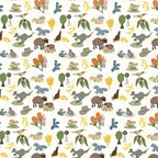 Kangaroos sheep native birds Akubra hats windmills wheat wattle banksias and gum leaves on white Australian farm fabric