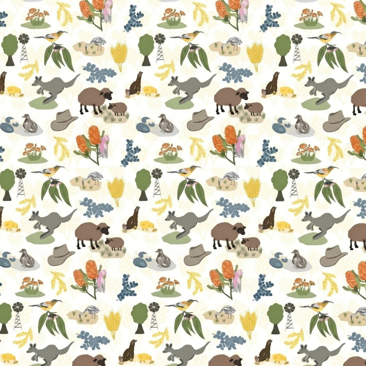 Kangaroos sheep native birds Akubra hats windmills wheat wattle banksias and gum leaves on white Australian farm fabric