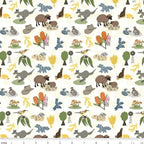 Kangaroos sheep native birds Akubra hats windmills wheat wattle banksias and gum leaves on white Australian farm fabric
