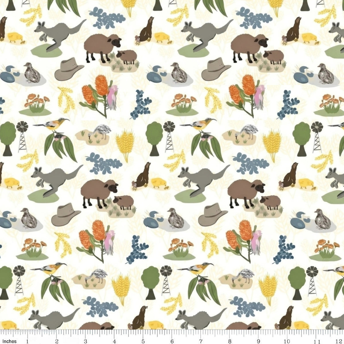 Kangaroos sheep native birds Akubra hats windmills wheat wattle banksias and gum leaves on white Australian farm fabric