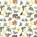 Kangaroos sheep native birds Akubra hats windmills wheat wattle banksias and gum leaves on white Australian farm fabric