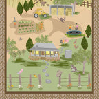 Australian farm panel with homestead verandah veggie garden tractor kangaroos sheep and children for country quilts and wall hangings