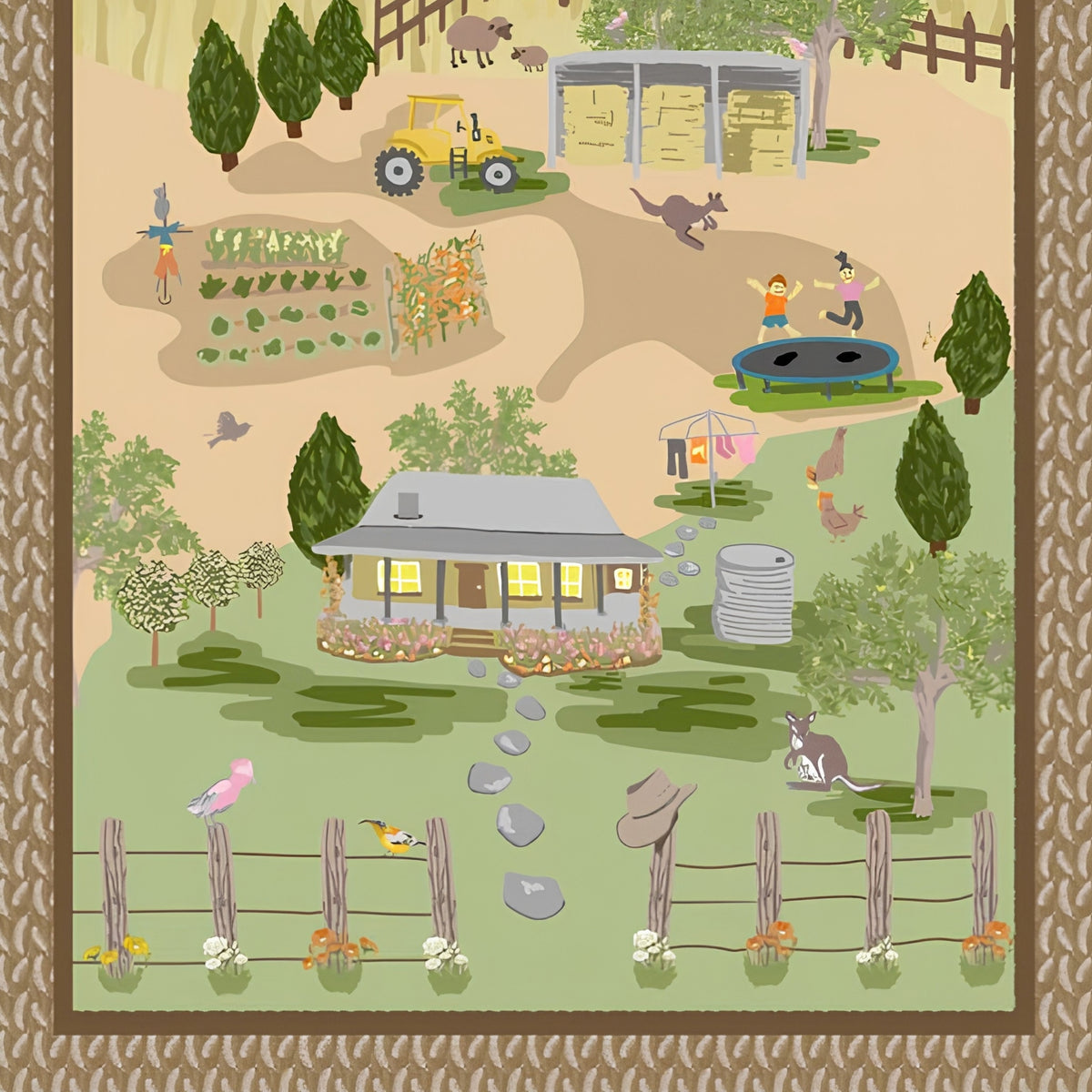 Australian farm panel with homestead verandah veggie garden tractor kangaroos sheep and children for country quilts and wall hangings