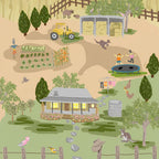 Burrangong Farm panel closeup with homestead veggie garden scarecrow tractor water tank trampoline and Australian farm animals
