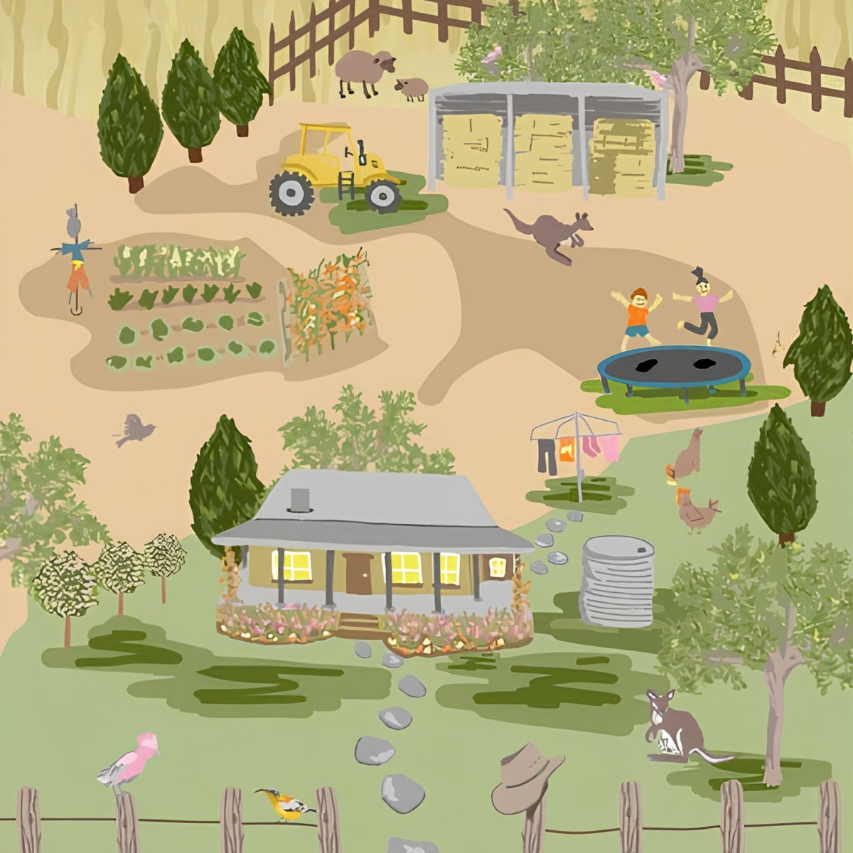 Burrangong Farm panel closeup with homestead veggie garden scarecrow tractor water tank trampoline and Australian farm animals