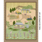 Australiana farm panel with homestead verandah veggie garden tractor kangaroos sheep and children for country quilts and wall hangings