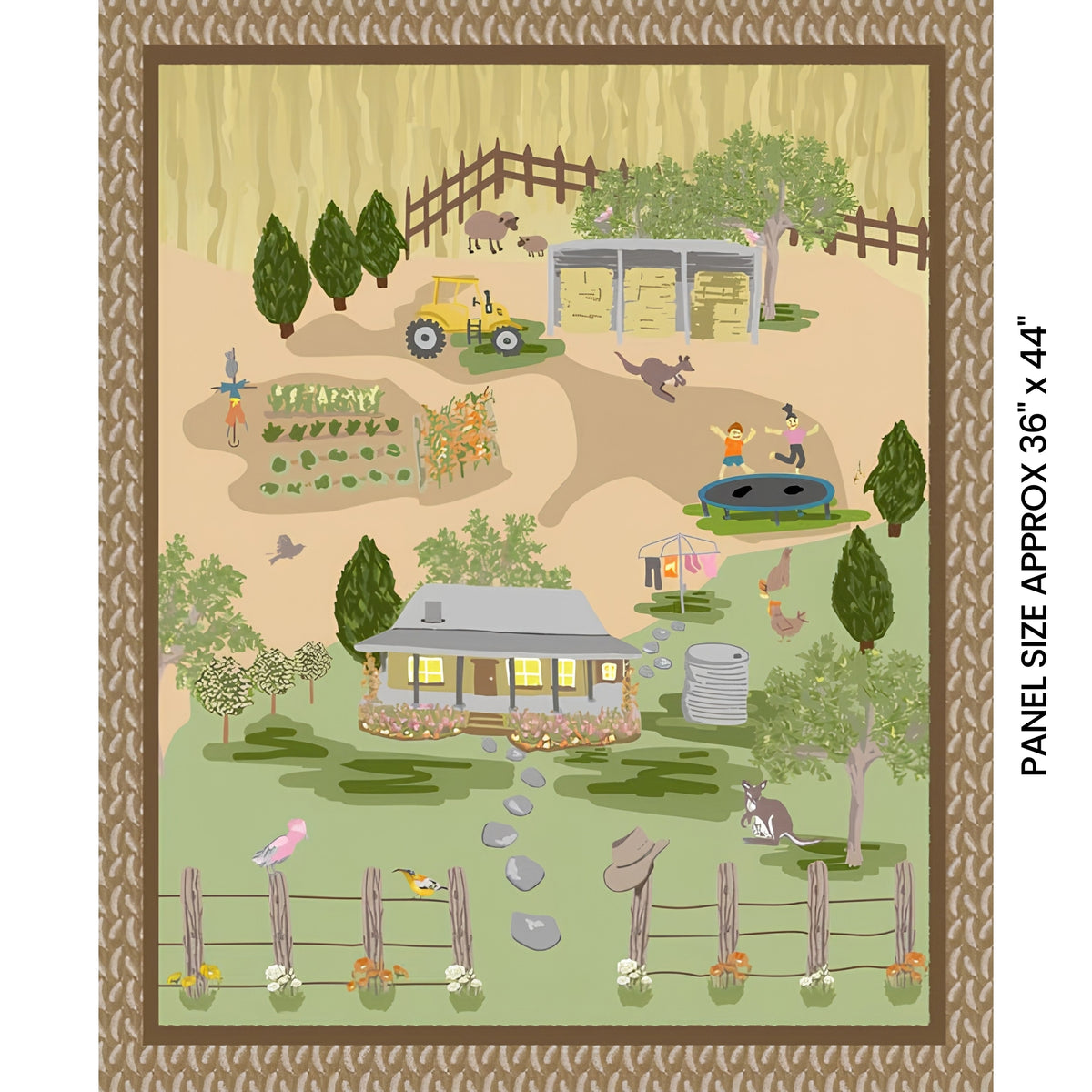 Australiana farm panel with homestead verandah veggie garden tractor kangaroos sheep and children for country quilts and wall hangings