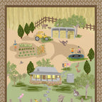 Australiana Burrangong Farm panel with homestead verandah veggie garden tractor kangaroos sheep and children for country quilts and wall hangings