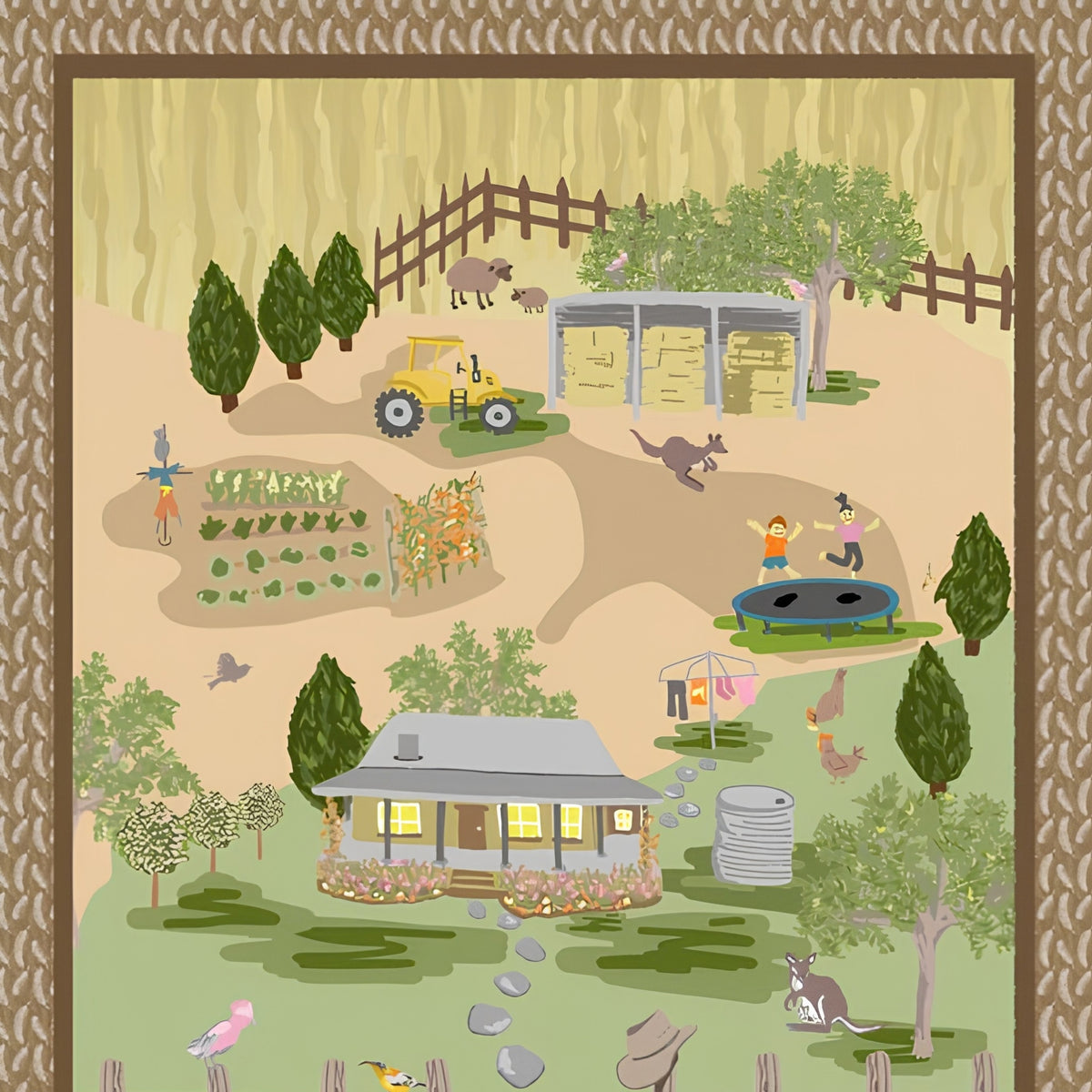Australiana Burrangong Farm panel with homestead verandah veggie garden tractor kangaroos sheep and children for country quilts and wall hangings