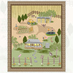 Australian Burrangong Farm panel with homestead verandah veggie garden tractor kangaroos sheep and children for country quilts and wall hangings