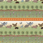 Kangaroos sheep hens echidnas birds trees and fences in green orange Australian farm stripe fabric for quilt borders and country quilts