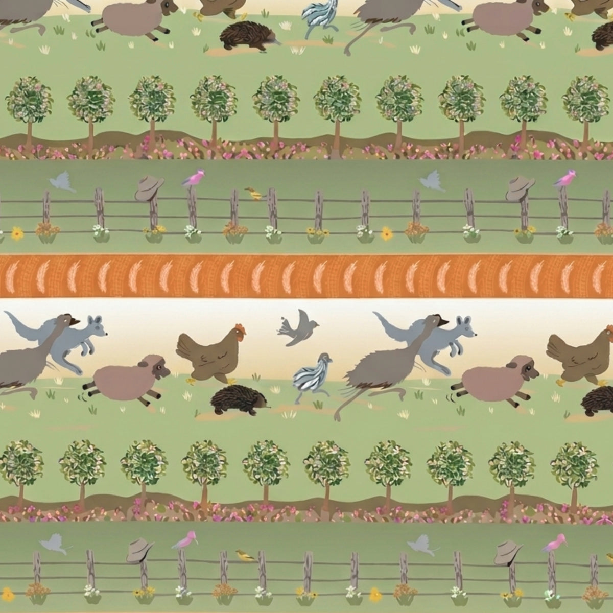 Kangaroos sheep hens echidnas birds trees and fences in green orange Australian farm stripe fabric for quilt borders and country quilts