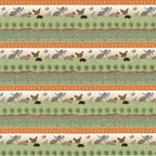 Kangaroos sheep hens echidnas birds trees and fences in green orange Australian farm stripe fabric for quilt borders and country quilts