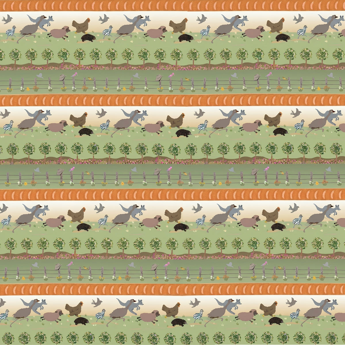 Kangaroos sheep hens echidnas birds trees and fences in green orange Australian farm stripe fabric for quilt borders and country quilts
