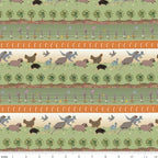 Kangaroos sheep hens echidnas birds trees and fences in green orange Australian farm stripe fabric for quilt borders and country quilts