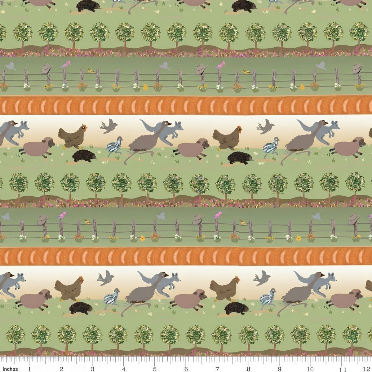 Kangaroos sheep hens echidnas birds trees and fences in green orange Australian farm stripe fabric for quilt borders and country quilts