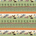 Kangaroos sheep hens echidnas birds trees and fences in green orange Australian farm stripe fabric for quilt borders and country quilts