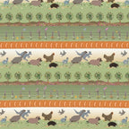 Kangaroos sheep hens echidnas birds trees and fences in green orange Australian farm stripe fabric for quilt borders and country quilts