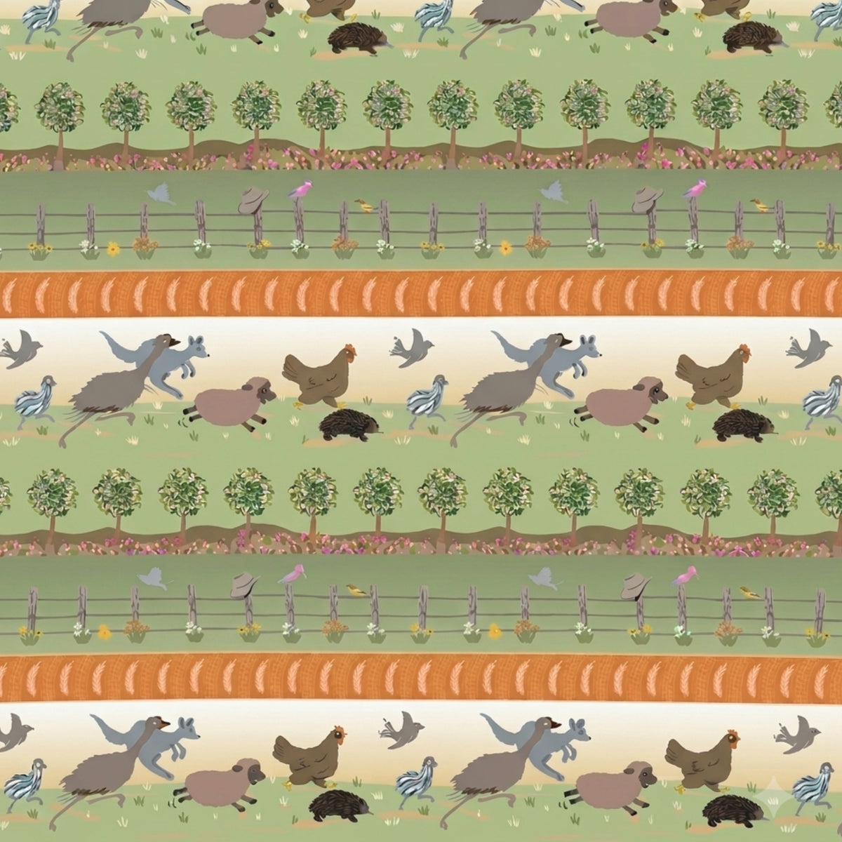 Kangaroos sheep hens echidnas birds trees and fences in green orange Australian farm stripe fabric for quilt borders and country quilts
