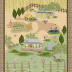 Australian farm scene panel with homestead, vegetable garden, tractor and animals on quilting cotton patchwork fabric for sewing projects