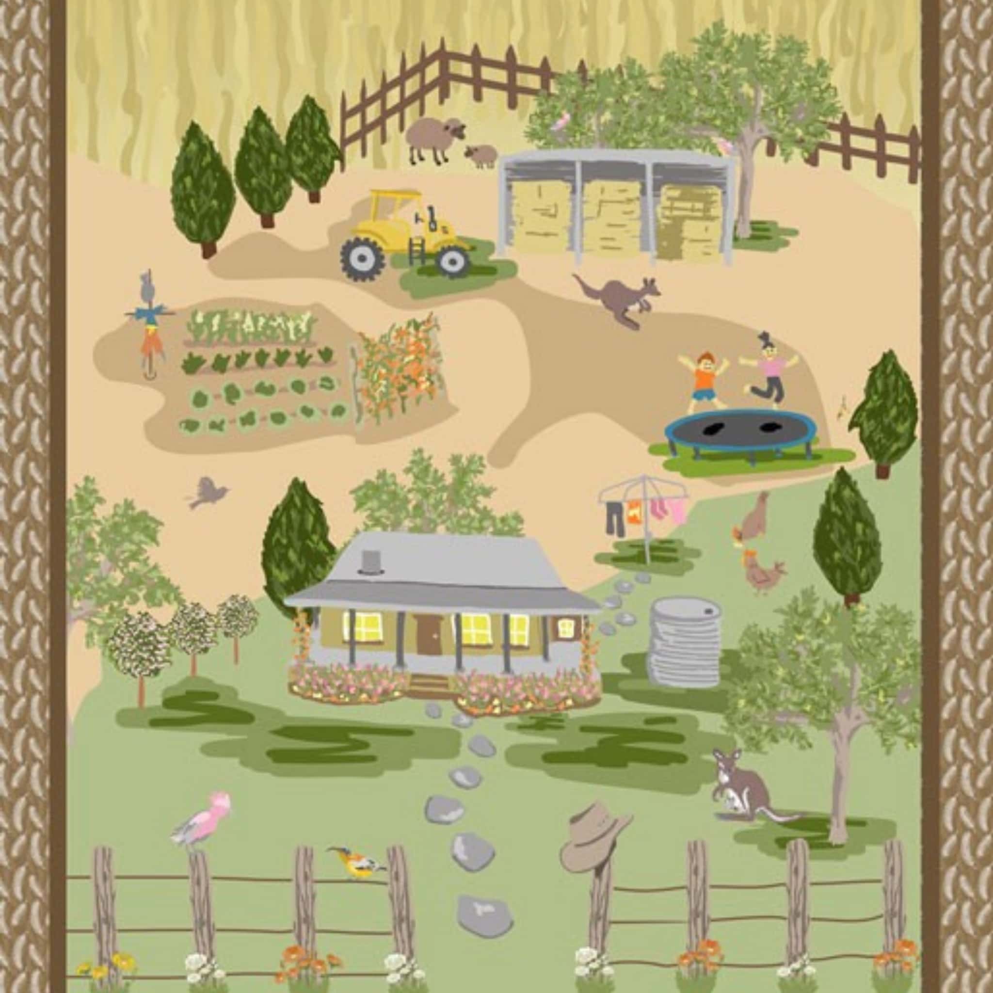 Australian farm scene panel with homestead, vegetable garden, tractor and animals on quilting cotton patchwork fabric for sewing projects