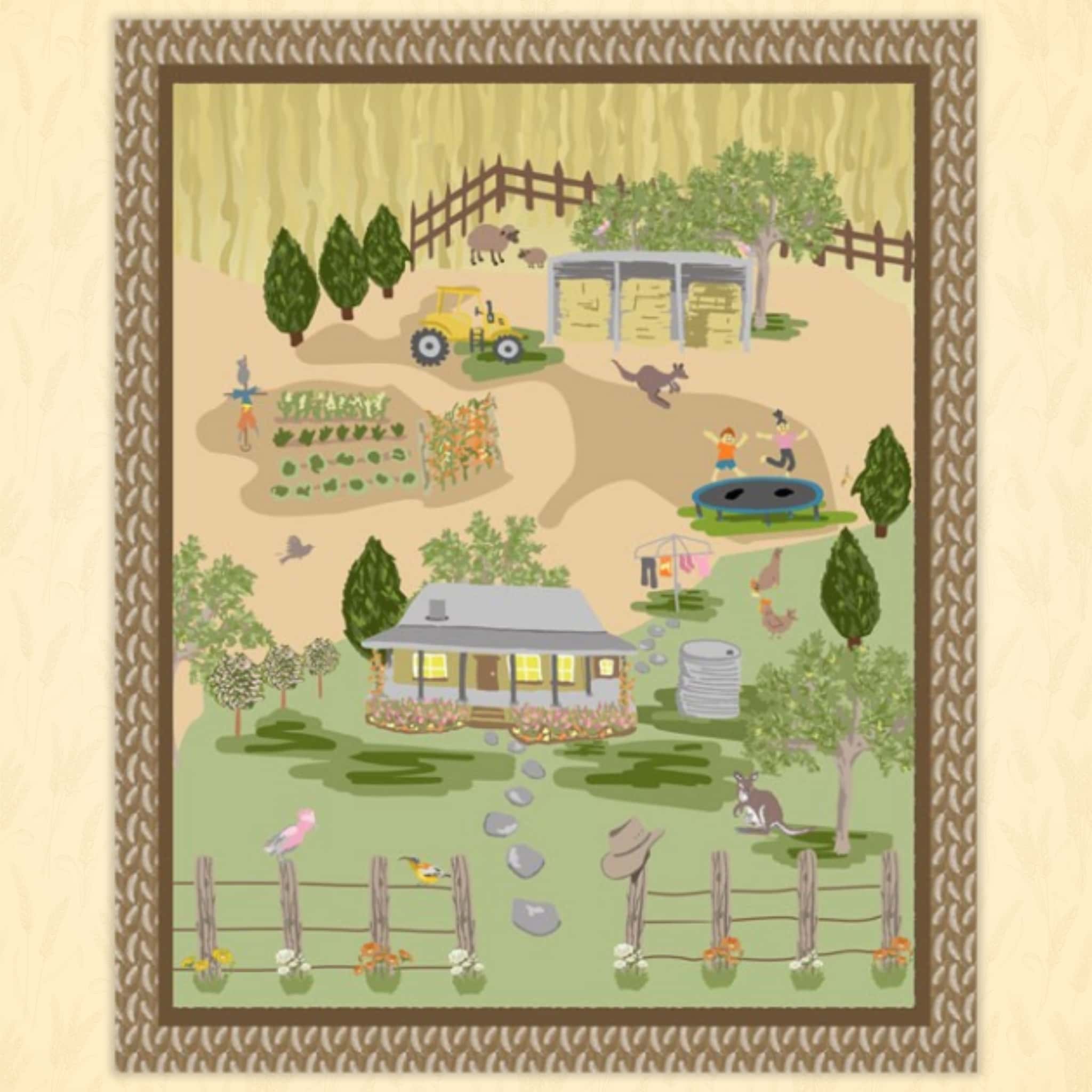 Australian farm scene panel with homestead, vegetable garden, tractor and animals on quilting cotton patchwork fabric for sewing projects