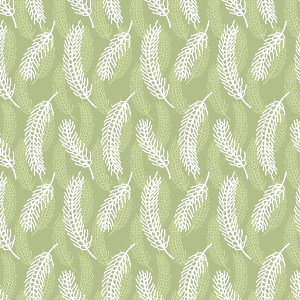 White and tonal green wheat stalks on soft green Australian farm fabric for country quilts rustic home decor and rural sewing projects