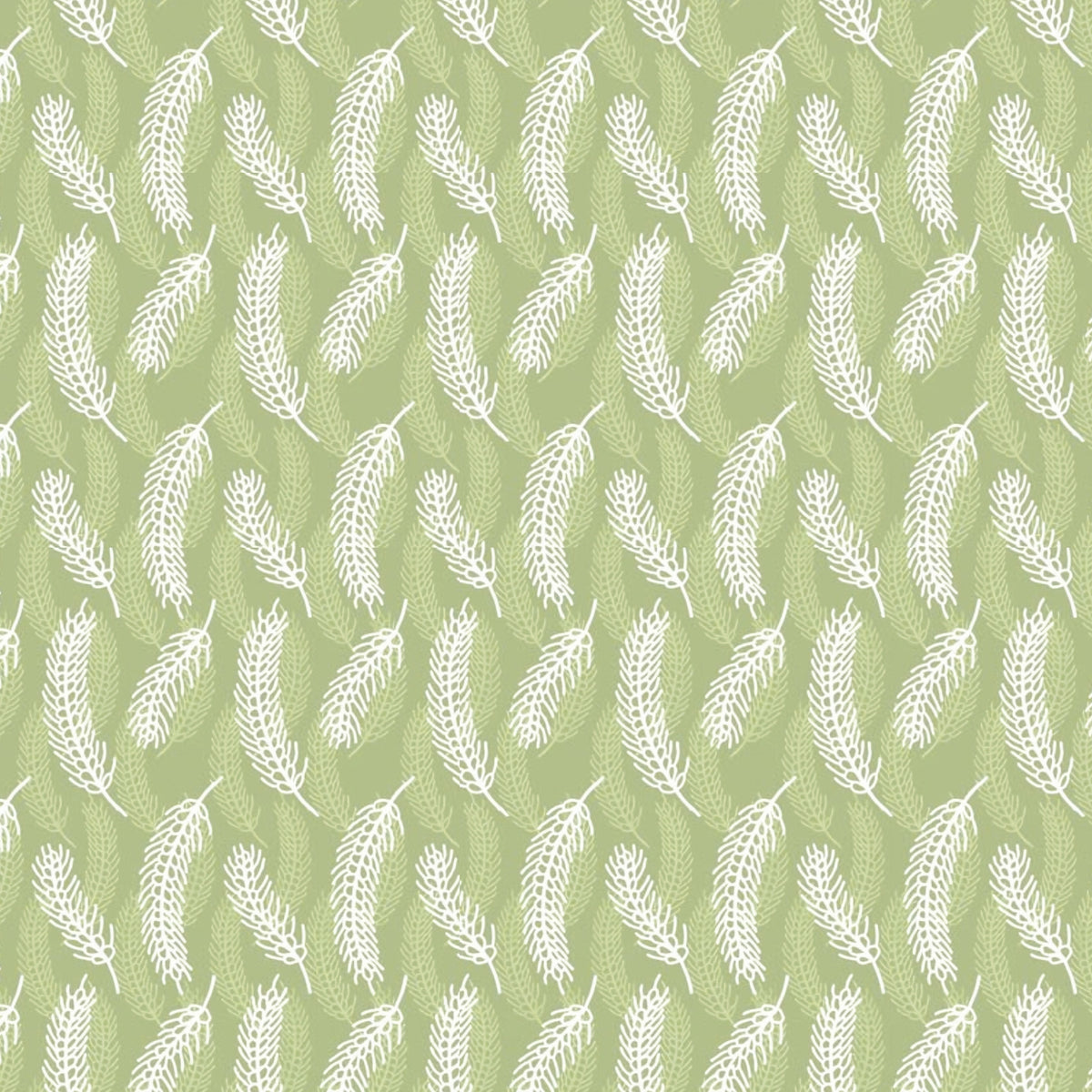 White and tonal green wheat stalks on soft green Australian farm fabric for country quilts rustic home decor and rural sewing projects