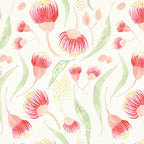 Watercolour gum blossoms pink red on cream quilting cotton with sage green gum leaves Australian native floral fabric for quilts cushion covers and sewing projects