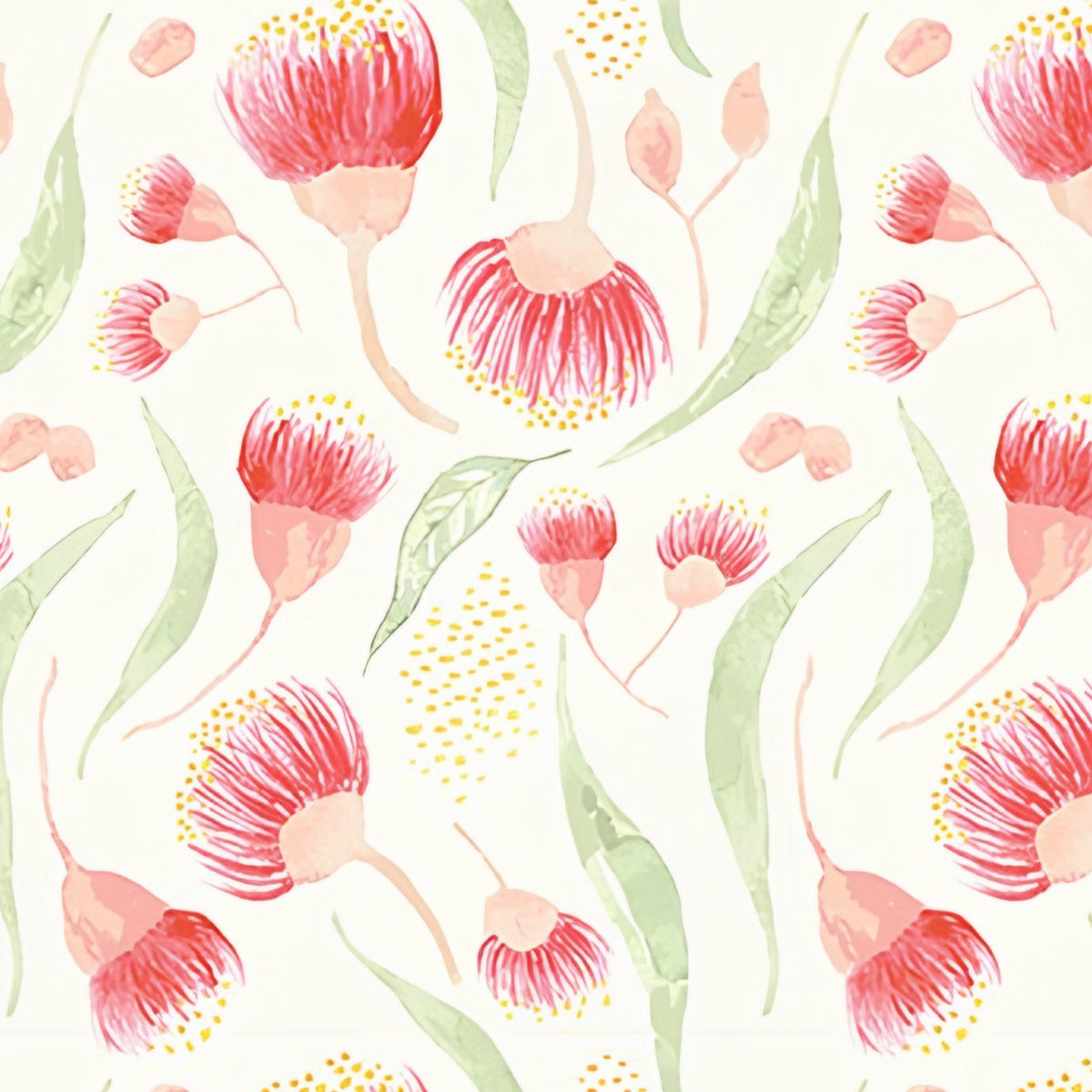 Watercolour gum blossoms pink red on cream quilting cotton with sage green gum leaves Australian native floral fabric for quilts cushion covers and sewing projects