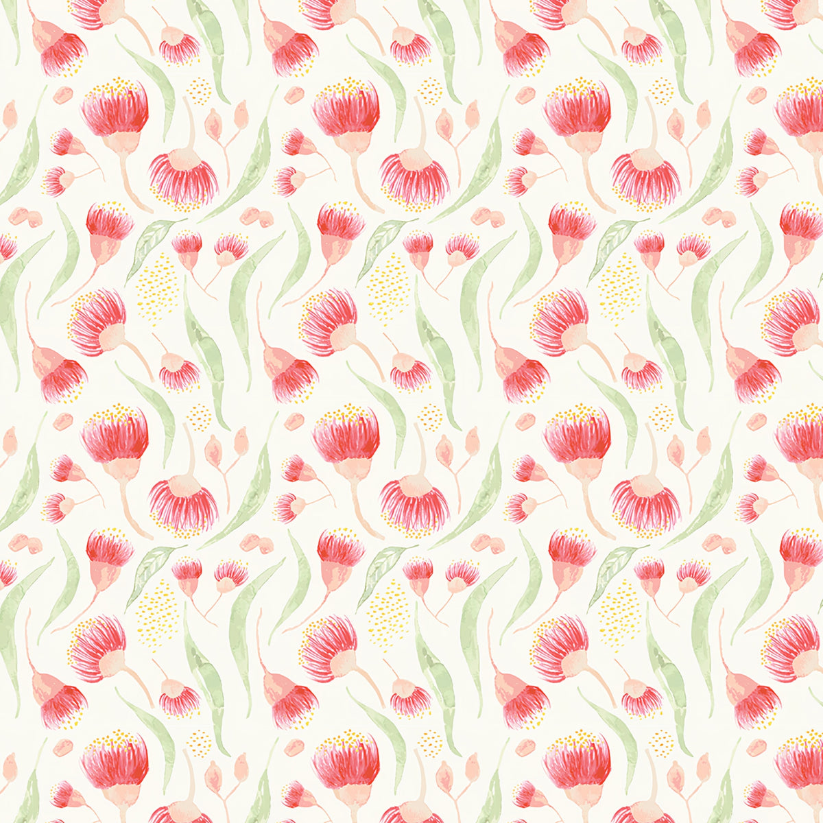 Watercolour gum blossoms pink red on cream quilting cotton with sage green gum leaves Australian native floral fabric for quilts cushion covers and sewing projects