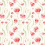 Watercolour gum blossoms pink red on cream quilting cotton with sage green gum leaves Australian native floral fabric for quilts cushion covers and sewing projects