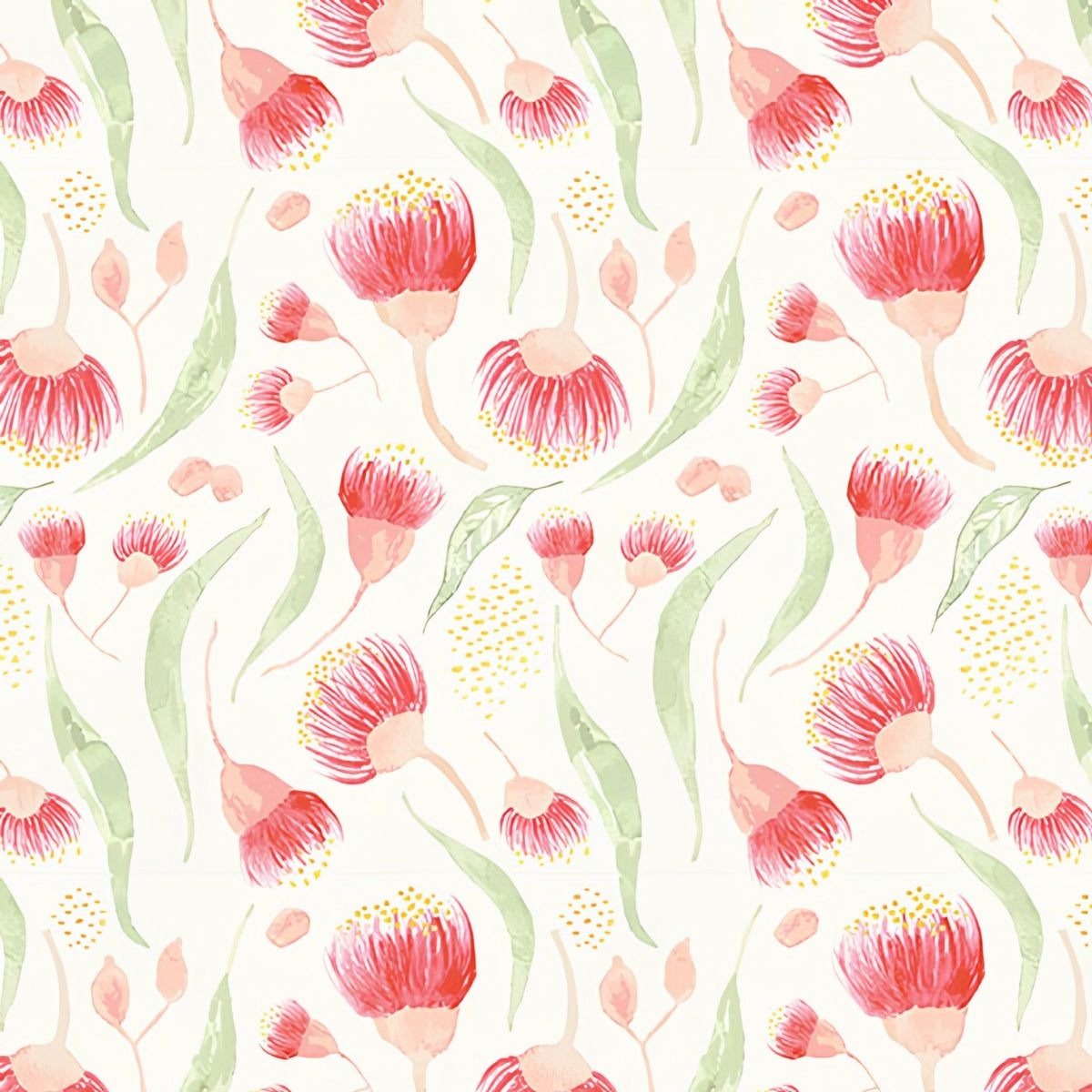 Watercolour gum blossoms pink red on cream quilting cotton with sage green gum leaves Australian native floral fabric for quilts cushion covers and sewing projects