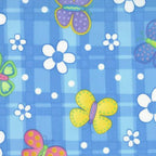 Novelty multicolour butterflies and white daisies on blue gingham quilting cotton for children's quilts girls and kids patchwork