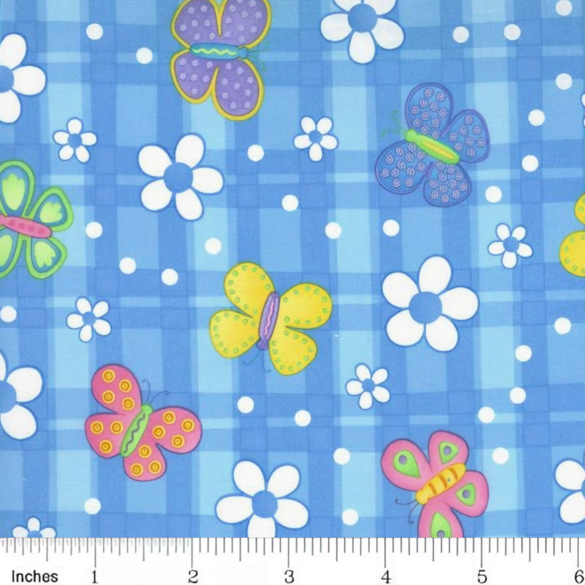 Novelty multicolour butterflies and white daisies on blue gingham quilting cotton for children's quilts girls and kids patchwork