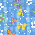 Novelty multicolour butterflies and white daisies on blue gingham quilting cotton for children's quilts girls and kids patchwork