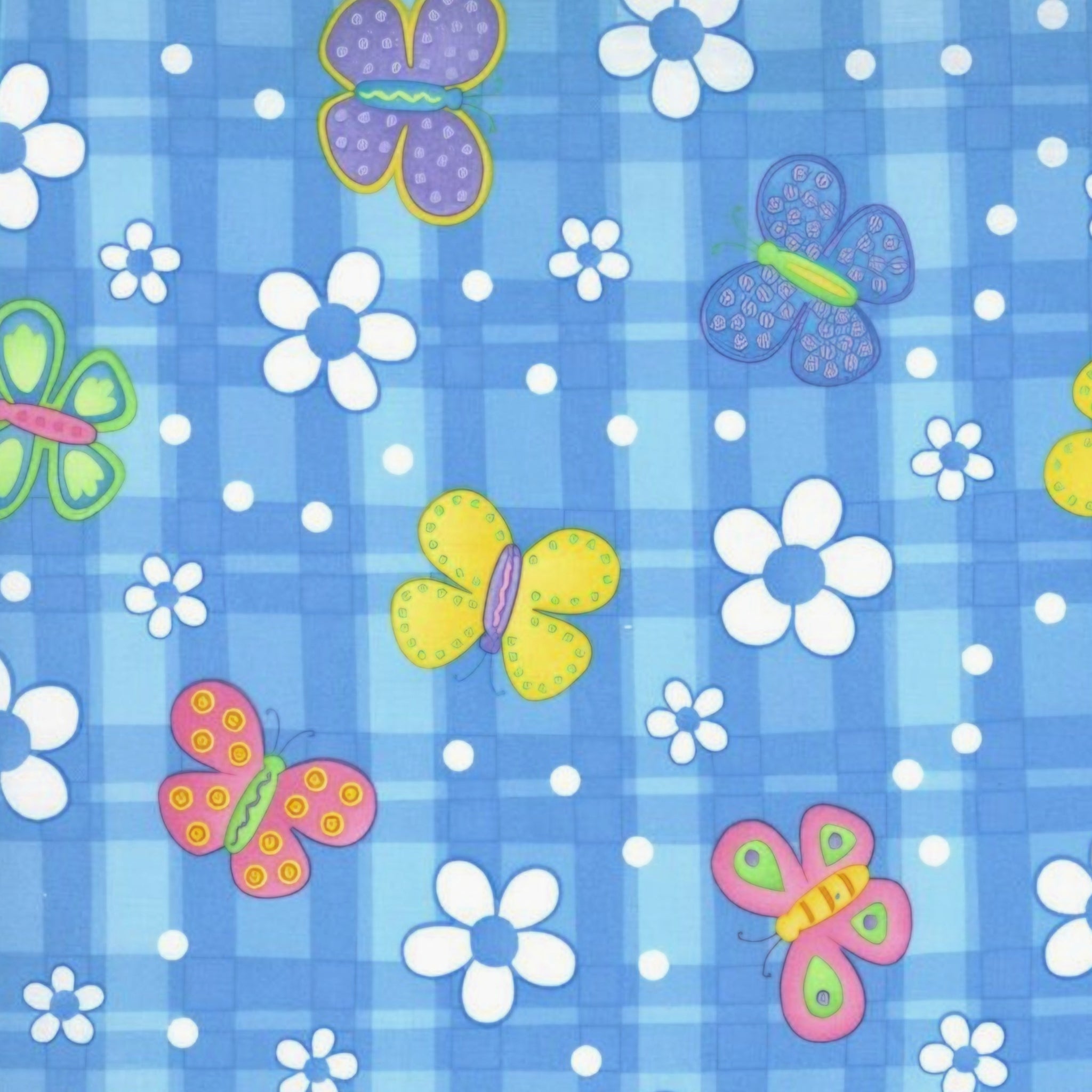 Novelty multicolour butterflies and white daisies on blue gingham quilting cotton for children's quilts girls and kids patchwork