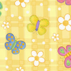 Novelty multicolour butterflies and white daisies on yellow gingham quilting cotton for children's quilts girls and kids patchwork